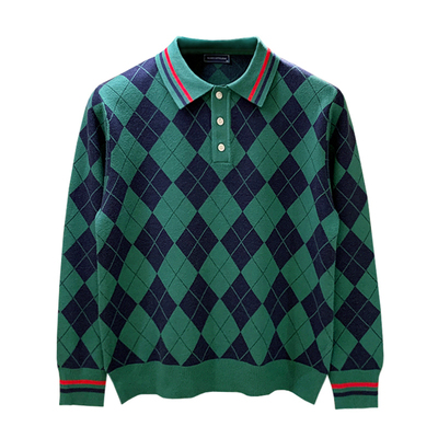 秋冬长袖商务菱格撞色polo衫奢华