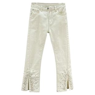 欧洲站牛仔九分裤女2024春装新款弹力高腰显瘦修身镶钻亮片微喇裤