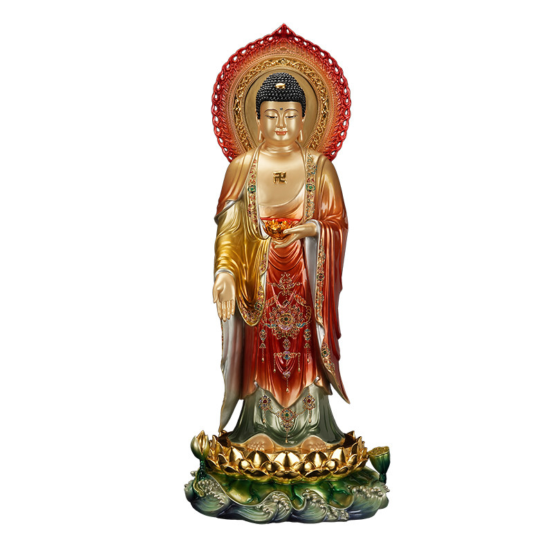 西方三圣黄铜彩绘佛像供奉摆件