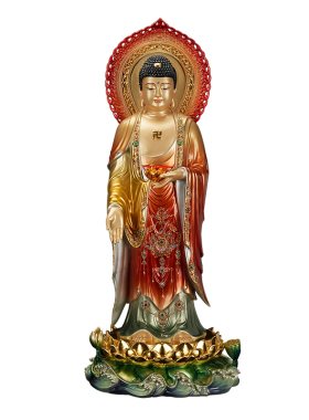 西方三圣黄铜彩绘佛像供奉摆件