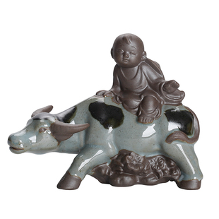 创意田园古风陶瓷牧童骑牛童子小摆件人物花宠植物盆造景桌面摆设