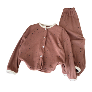 春秋儿童睡衣套装纯棉男童女孩网红宽松家居服华夫格开衫长袖长裤