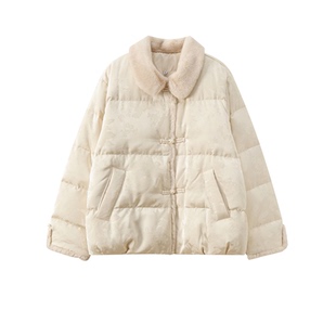 大码新中式国风提花羽绒服女款冬季复古盘扣微胖mm外套毛毛领棉袄