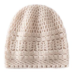 韩系~100%纯山羊绒帽子女士秋冬针织镂空钩花百搭洋气纯色包头帽