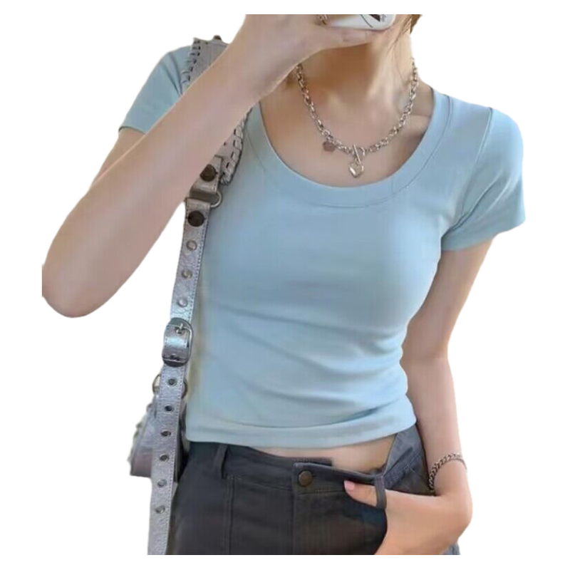 短款半袖正肩U领短袖T恤女早春夏装修身显瘦辣妹上衣紧身打底小衫