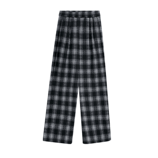 黑灰色羊毛格子裤女秋冬2025新款高腰休闲宽松慵懒直筒毛呢阔腿裤