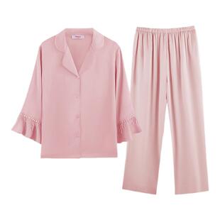 Bonny/博尼仿真丝小翻领七分袖长裤女家居服流苏睡裙睡衣套装夏