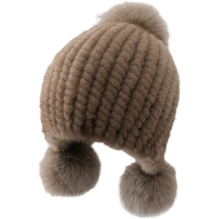 【厂家直销】水貂毛皮草帽子甜美女生冬季保暖可爱圆顶条纹护耳帽