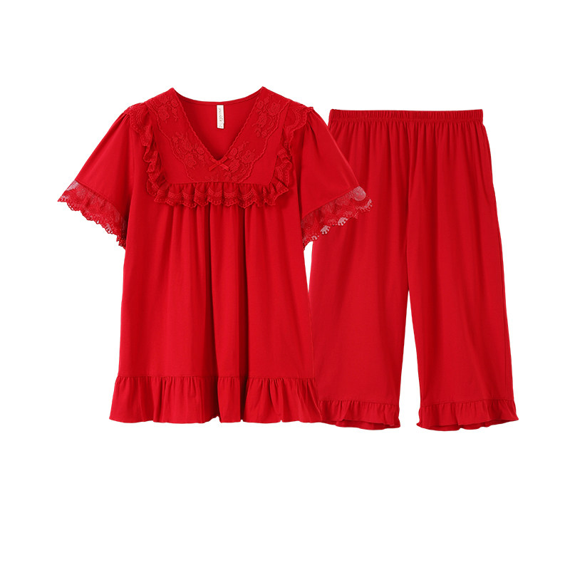 红色睡衣女夏季纯棉短袖七分裤花边本命年蕾丝边青年家居服套装
