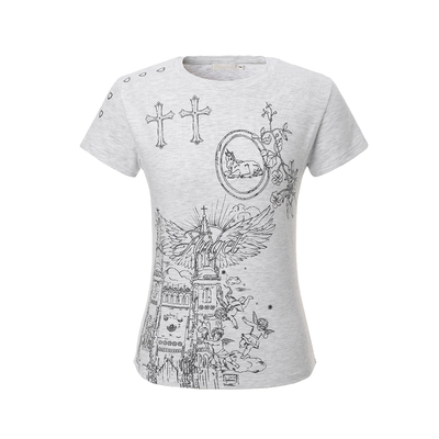 threetimes短袖T恤女印花慵懒风上衣短袖休闲修身款时尚小众设计