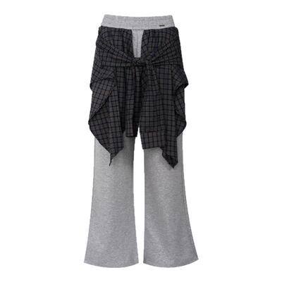 格纹拼接打结叠穿阔腿休闲裤