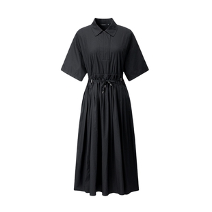颜域黑色翻领连衣裙女装2026新款春款收腰显瘦A字裙短袖系带裙子