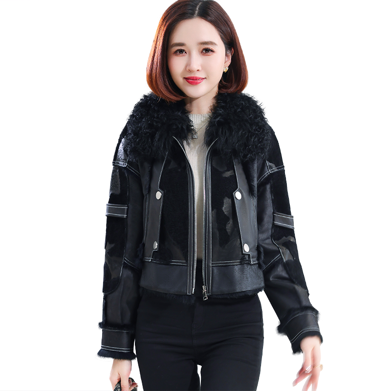 羔羊毛领獭兔毛羊皮毛一体外套女