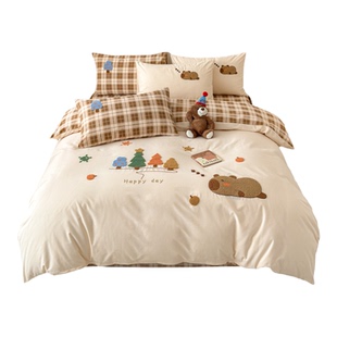 全棉加厚磨毛四件套卡通毛巾绣床单被套双人被罩住校生三件套床笠