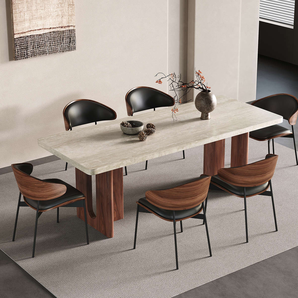 复古风餐桌椅组合洞石岩板家用现代简约小户型长方形中古风餐桌