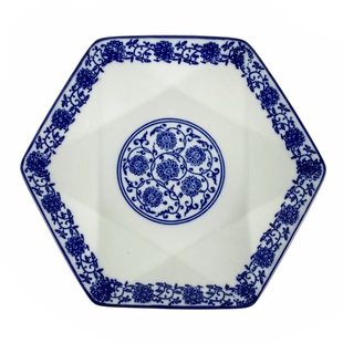 陶瓷盘子家用热凉菜盘釉下彩青花瓷餐厅商用老式餐具六角形大碟子