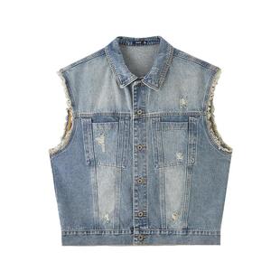 三福2026夏季男士破洞毛边牛仔马甲 街潮宽松翻领外套520879