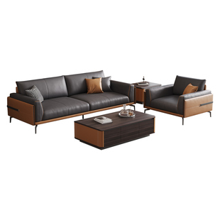 办公室沙发茶几组合接待会客区简约现代办公室商务三人位真皮沙发