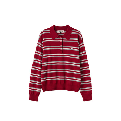 【现】GENERAL IDEA 撞色条纹宽松polo翻领针织衫女休闲上衣春