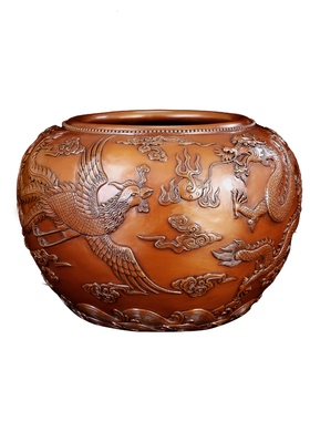 匠泽铜魂 纯紫铜龙凤缸摆件 招财缸铜缸聚宝盆家居创意画卷收纳缸