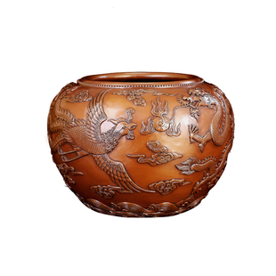 匠泽铜魂 纯紫铜龙凤缸摆件 招财缸铜缸聚宝盆家居创意画卷收纳缸