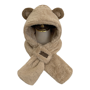 可爱小熊口罩帽子女冬季围巾一体百搭毛绒帽连帽围脖保暖2025新款