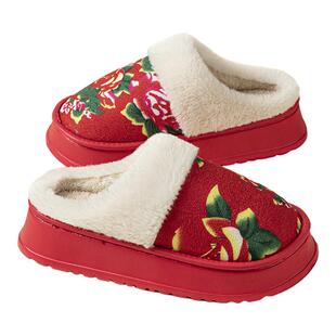 国潮风东北大花棉鞋女款冬季情侣居家厚底防滑外穿保暖毛绒棉拖鞋