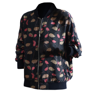 真丝短外套女2026早春新款大气质树叶印花棒球服桑蚕丝绸夹克开衫