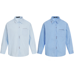 BurnBro高质感学院少年蓝色条纹衬衫男复古休闲cleanfit衬衣外套
