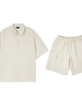 夏季运动风麦穗纹提花针织polo衫套装男宽松特大码短袖短裤俩件套
