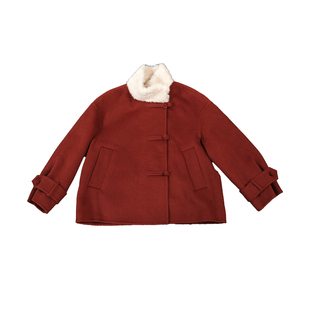 远家100%绵羊毛新中式盘扣双面呢短外套大衣毛领上衣冬新F-135限