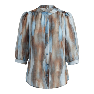 马天奴2026春新款蓝咖印花莱赛尔混纺圆领单排扣衬衫上衣气质时尚