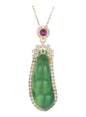 中国风古装饰品冰种荧光玉髓福豆吊坠镶嵌绿翡翠四季豆玉坠女项链