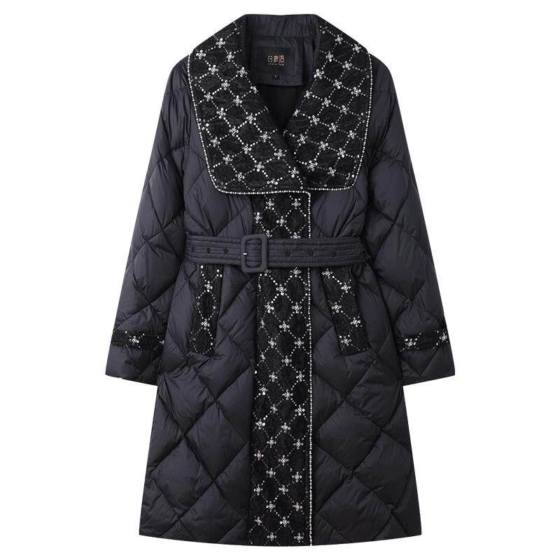白鹿语简约风中长款翻领羽绒服