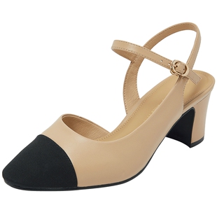 康莉真皮包头凉鞋女夏季新款法式小香风粗跟凉单鞋一字带高跟鞋子