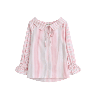 MELLOW SENSE 法式甜美娃娃领粉色条纹荷叶边袖衬衫