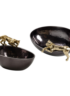 印度进口铝制金豹装饰水果碗托盘