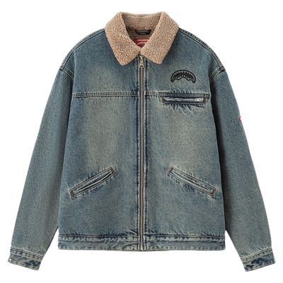 SprayGround鲨鱼嘴美式复古仿羊羔绒牛仔夹克冬季宽松加厚外套男