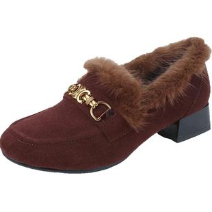 乐福鞋女真皮粗跟单鞋加绒二棉鞋2025新款秋冬女鞋大码中跟毛毛鞋