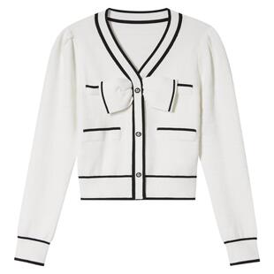 SALT.P可颜v领学院风黑白撞色条纹蝴蝶结毛针织衫秋款