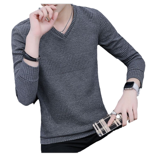 秋冬季男士长袖T恤V领加绒加厚卫衣修身潮流保暖秋衣服男装打底衫