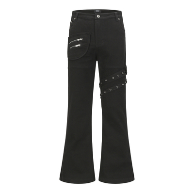 qtstudio黑色绑带微喇牛仔裤男美式高街vibe 显瘦修身设计感裤子