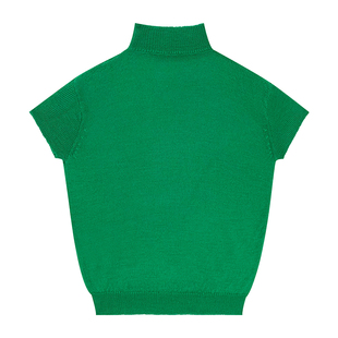 NANBEIBEI南北贝绿色半高领短袖针织衫女春季绵羊毛纯色内搭上衣