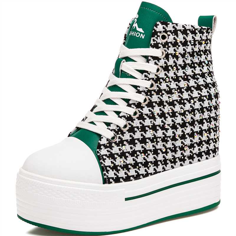 2025秋冬女士高帮帆布鞋隐形内增高小个子12公分超高跟厚底松糕鞋