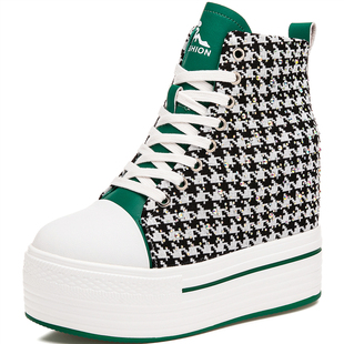 2025秋冬女士高帮帆布鞋隐形内增高小个子12公分超高跟厚底松糕鞋