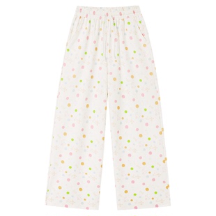 PSO Brand女装满幅彩点小狗宽松直筒白色裤子女款休闲阔腿长裤