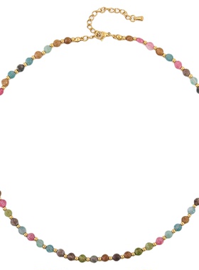 925银合金镀金金色爱心天然石彩色碧玺串珠项链锁骨链叠戴更美