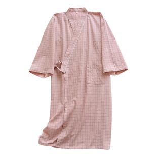 睡袍女春秋夏季薄款纯棉平布中长款和服睡衣日式简约格子和风浴袍