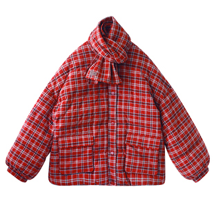 【错落烟火】冬季红格纹羽绒服女短款外套复古宽松加厚保暖白鸭绒