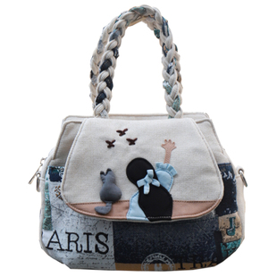 原创清新帆布手提包多夹层撞色甜美单肩女包超轻便手工缝制斜挎包